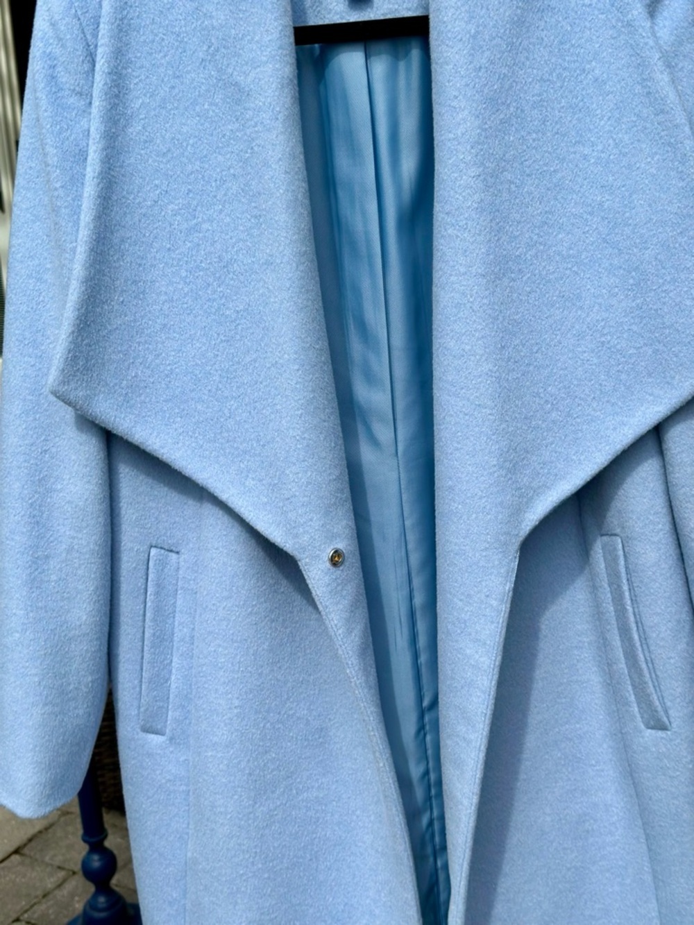 Cole Haan Women’s Pale Blue Wool Blend Lined Draped Shawl Collar Coat - Picture 14 of 16